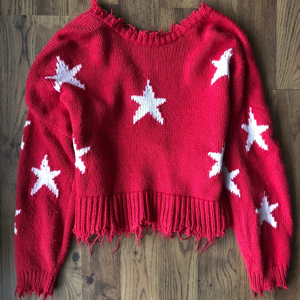 WILDFOX Couture Stars Palmetto Sweater Scarlet Red Oversize Distressed Women's M